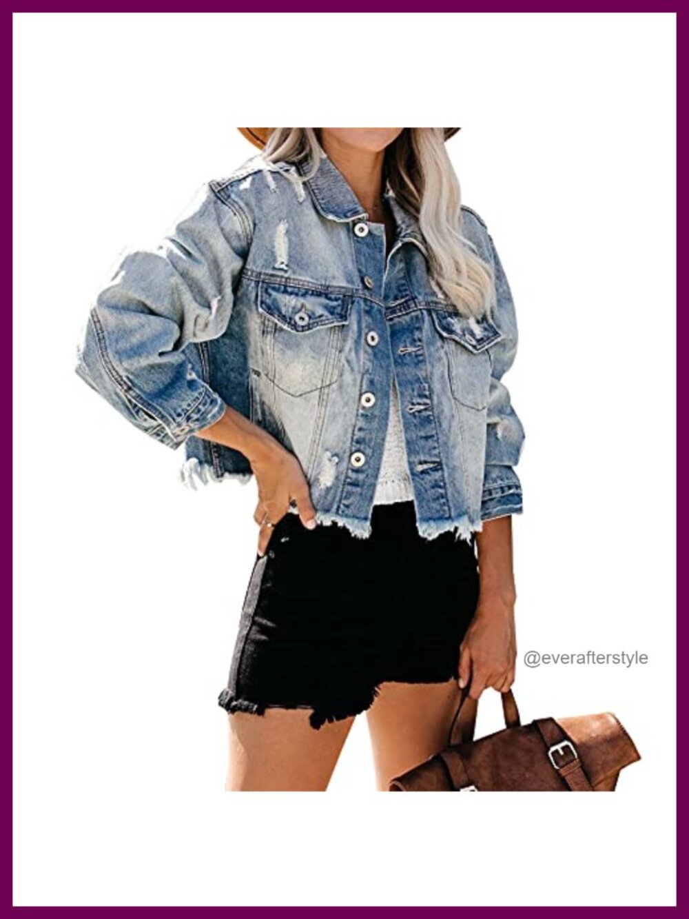 Distressed Denim Jacket for Women Ripped Fringe Hem Button Down
